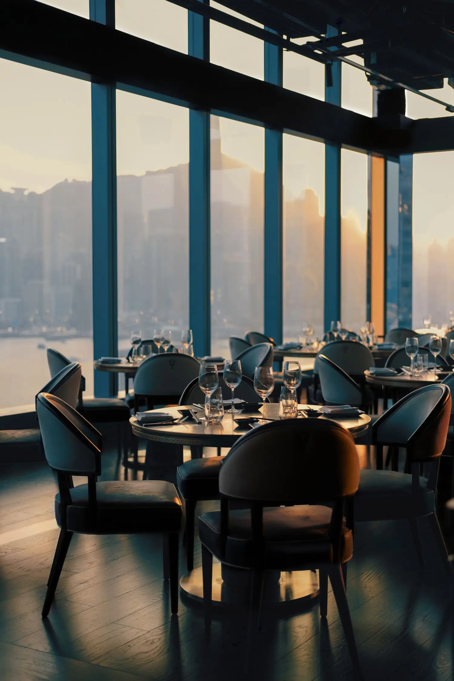 Restaurant overlooking a city skyline