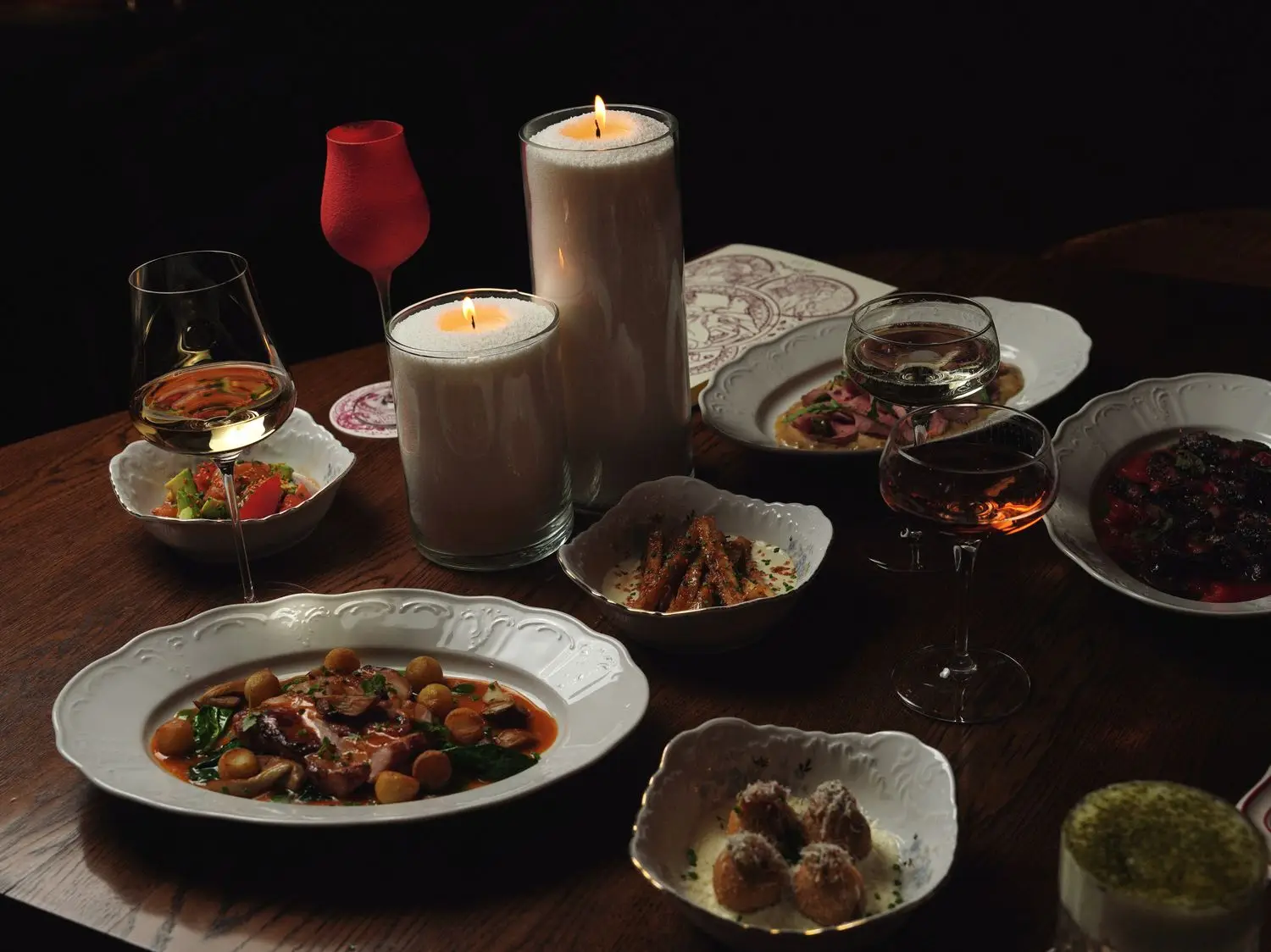 Seasonal dishes arranged for a shared dining experience