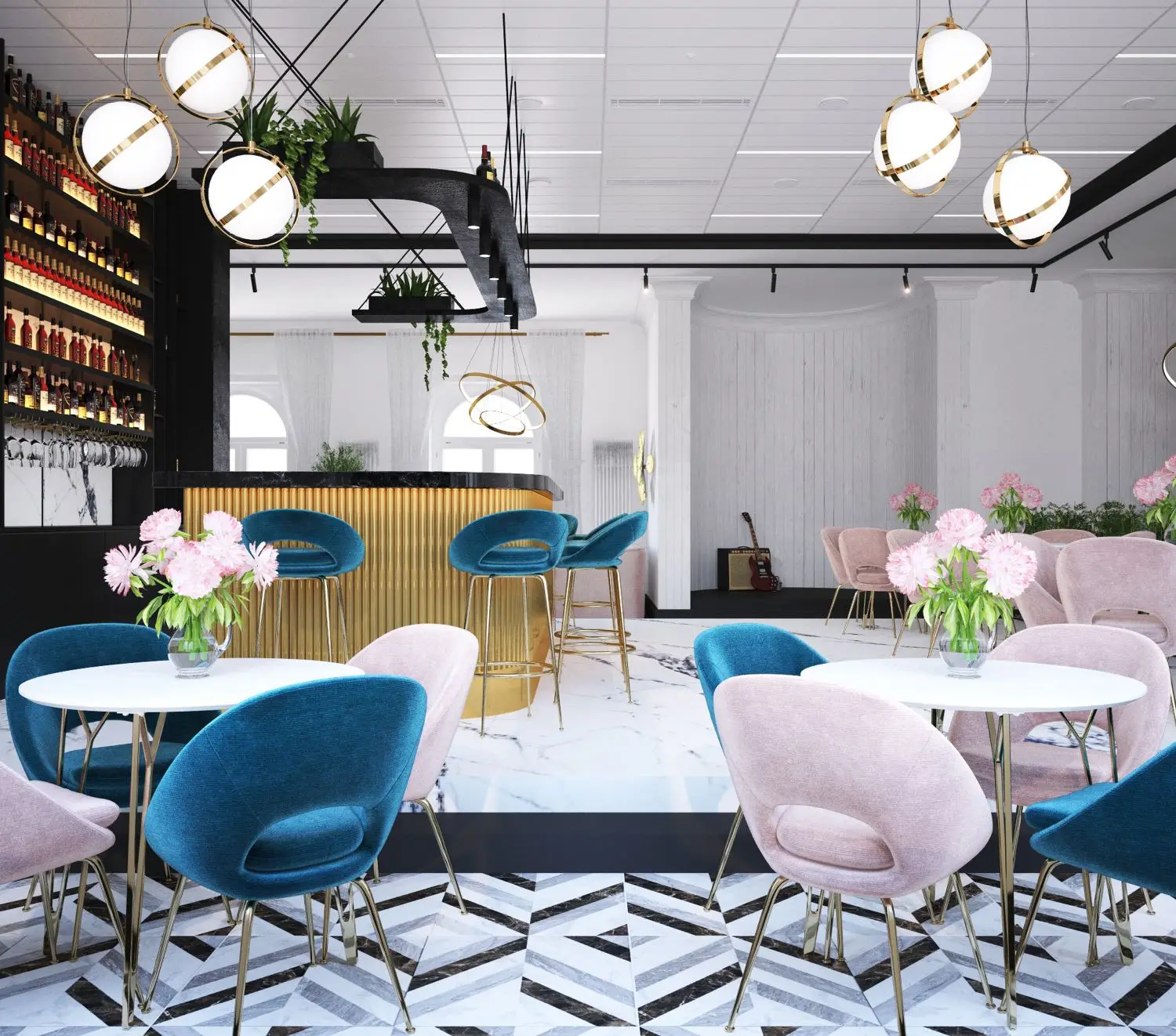 Contemporary restaurant with soft coloured chairs